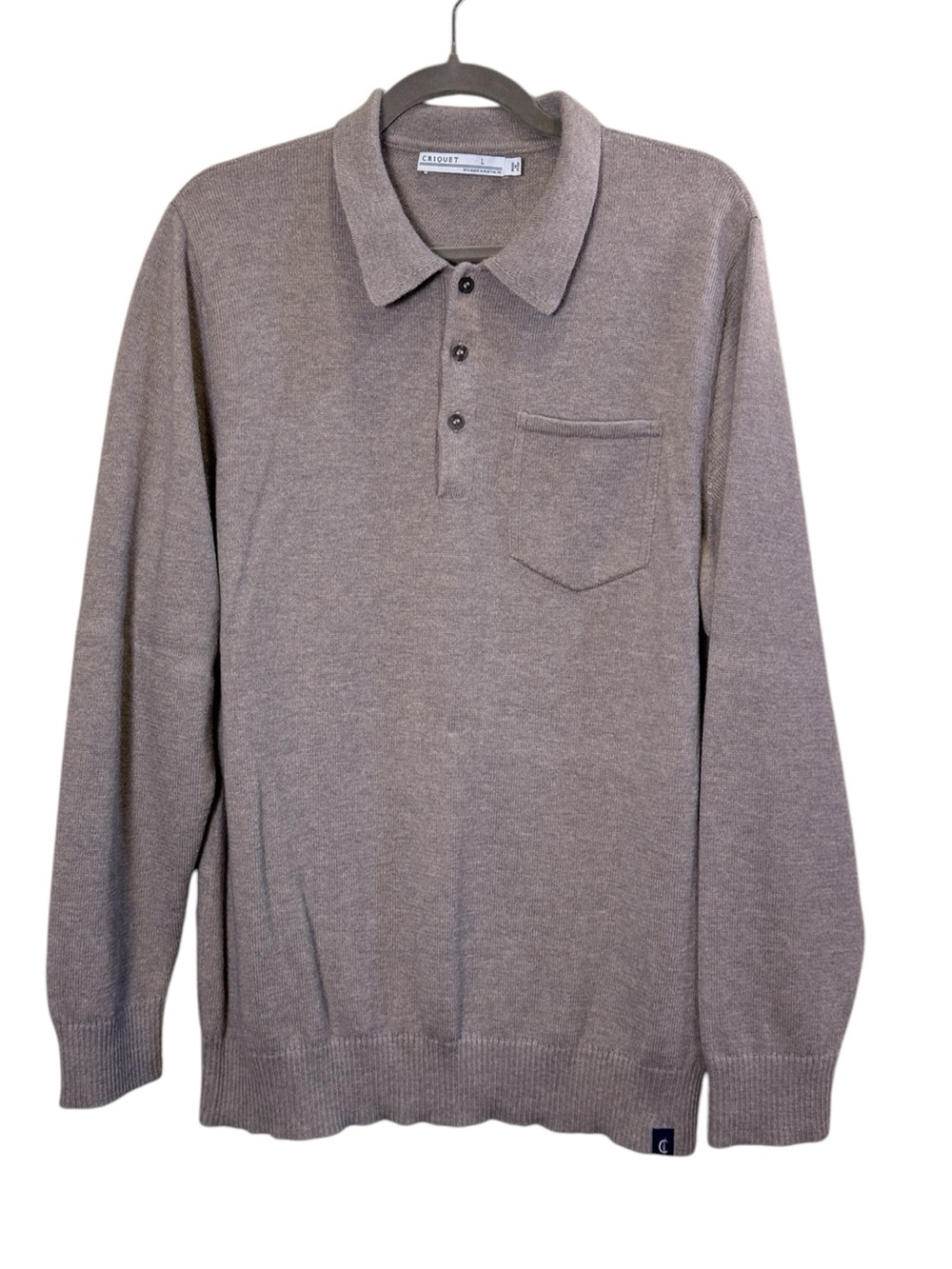 Criquet Men's Taupe Baby Alpaca Blend Long-Sleeve Polo Lightweight Sweater sz L